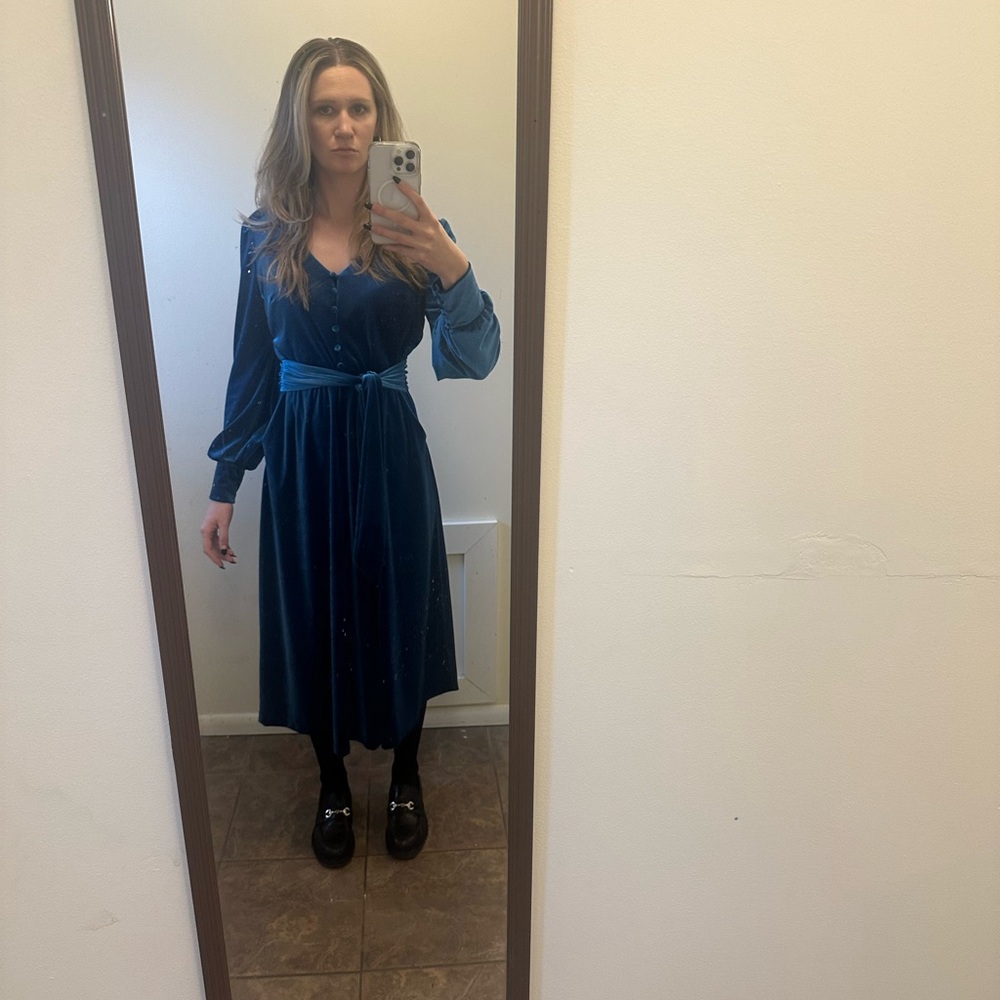 Boden Rita Elegant Blue Long Sleeve Velvet Dress - Picture 4 of 4